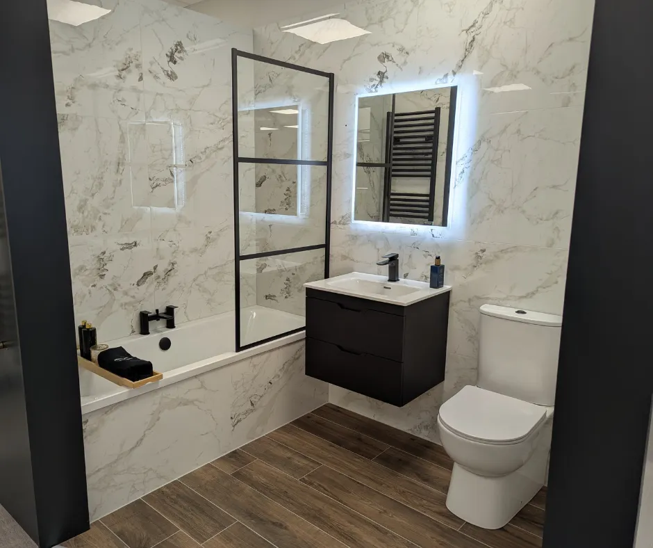 Warm Wooden Tones and Marble-Inspired Elegance